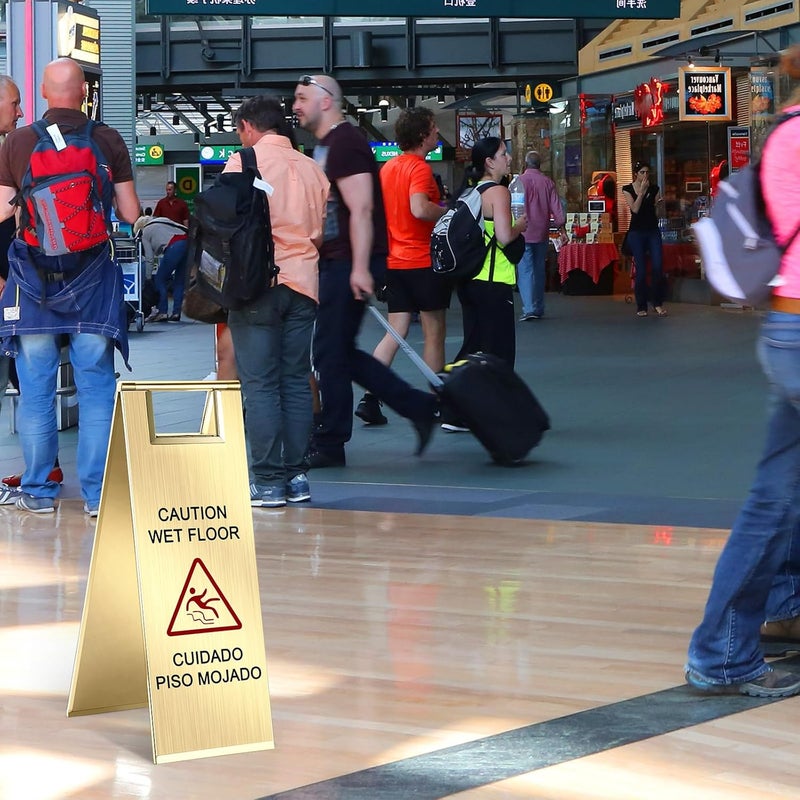 LEIFIDE Stainless Steel Wet Floor Caution Sign Bulk 8.8 Pound Portable Foldable Handle Bilingual Safety Sign for Kitchen Restaurant Supermarket Shop Commercial Use Avoid Fall and Slip Accident(Gold) - Image 5